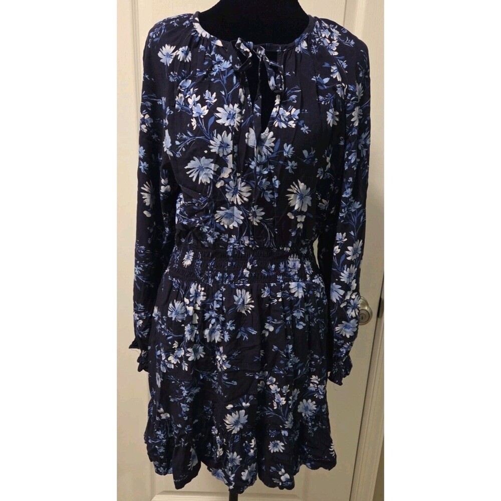 GAP Blue Floral Smocked Mini Dress Long Sleeve Keyhole Tie Neck - Women's M